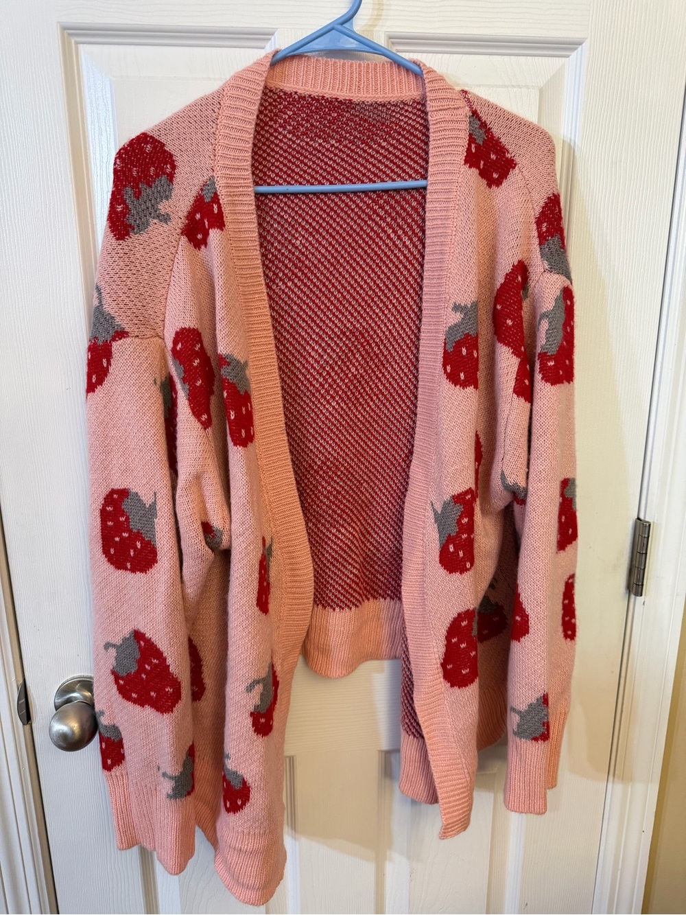 Pink Strawberry-Pattern Open Front Cardigan Sweater